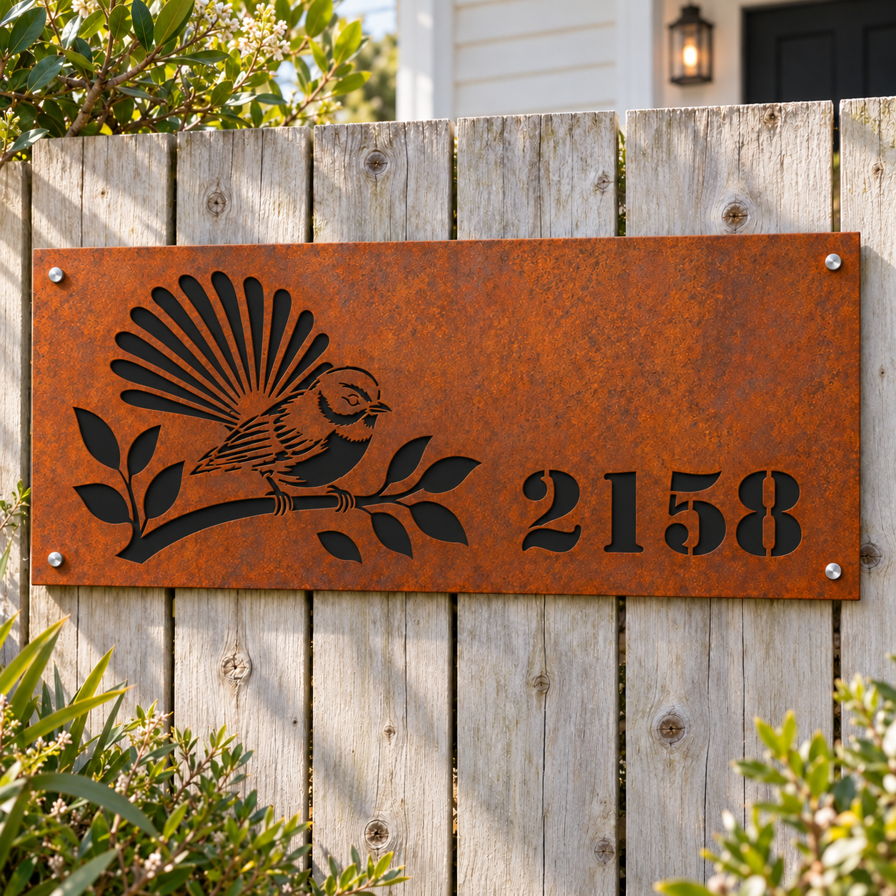 Fantail House Number in Corten steel, with matte black backing – lifestyle 1